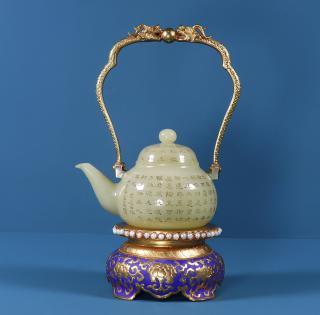 旧藏精品紫檀木盒装纯手工打造和田玉包金烧蓝提梁壶一把 高24厘米,长